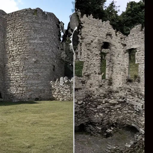 Prompt: a view that is split in two. the right half is from when the castle was new. the left half is from when the castle has advanced in time and become a ruin.