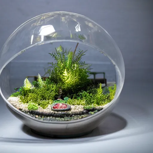 Image similar to a large terrarium with a diorama of a nuclear power industrial site inside on top of a minimalist table, lit from the side