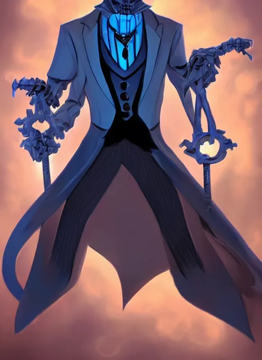 Image similar to DND character concept, skeletal male figure, wearing a deep black suit!!! and tie and top hat, holding a gold! cane!. Surrounded by light blue!!! flames!!