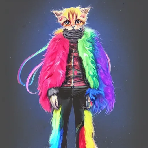 Image similar to wide angle full body, jacket wearing fluffy cute rainbow kitten wearing a black leather motorcycle jacket, cinematic concept art