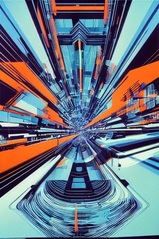 Image similar to wideangle broken tensor fields, cybernetic, madness, decoherence, synthwave, glitch!!, fractured reality, vortex, realistic, hyperdetailed, concept art, art by syd mead, cubism