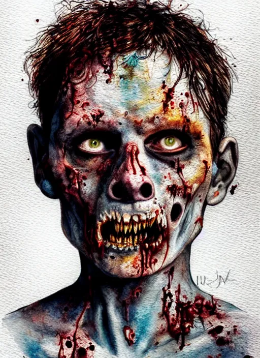 Image similar to zombie hollywood professional acting headshot, hyperrealism, intricate detailed, studio lighting, charming expression gesicht, watercolor art, drawn and painted, colored layers, dulled contrast, exquisite fine art