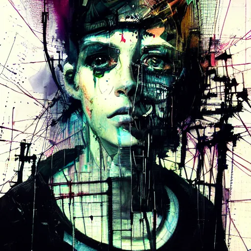 Image similar to a young punk woman lost in a cyberpunk noir glitchcore world of wires, and machines, by jeremy mann, francis bacon and agnes cecile, and dave mckean ink drips, paint smears, digital glitches glitchart