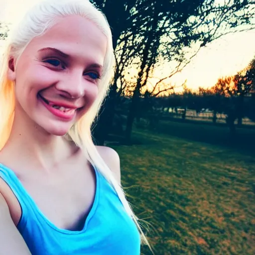 Image similar to beautiful selfie of a cute thin young woman smiling smugly, long light platinum blonde hair, flushed face, small heart - shaped face, cute freckles, light blue eyes, golden hour, 8 k, instagram