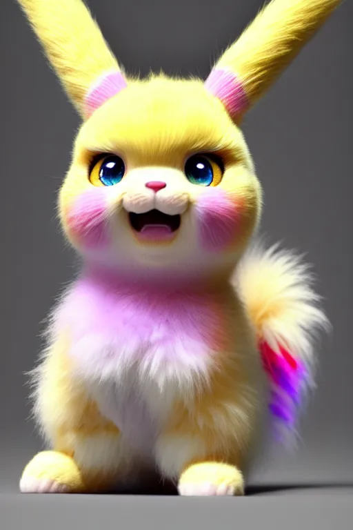 Prompt: high quality 3 d render hyperrealist very cute multicolor stripped fluffy! unicorn kitty, kittycorn, rainbow, hybrid highly detailed, vray smooth, in the style of detective pikachu, hannah yata charlie immer, dramatic pink light, low angle, uhd 8 k, sharp focus