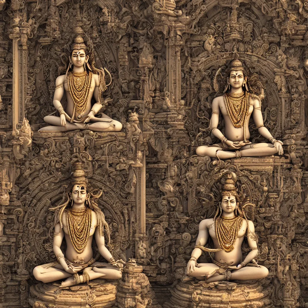 Image similar to lord shiva, meditating, fine details, perfect face, galaxy, indian temple, photorealism, octane render, subtle shadows, hyper detailed