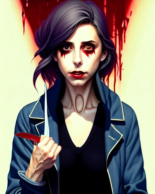 Image similar to loish, artgerm, Joshua Middleton art, Rafeal Albuquerque, pretty Alison Brie serial killer holding bloody knife in right hand realistic hand, blood on clothes and face, sarcastic smile, symmetrical eyes, symmetrical face, jean jacket, jeans, short blonde hair, middle shot, night time, deep blacks