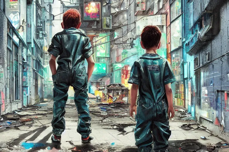 Image similar to a highly detailed contemporary painting of a tiny boy in a Jumpsuit standing in a dark alley, abandoned buildings with graffiti, a nightclub with neon sign, menacing skyline by Studio Ghibli, Makoto Shinkai, by Artgerm, by WLOP, by Greg Rutkowski, volumetric lighting, cyberpunk, octane render, 4K resolution, trending on artstation, masterpiece