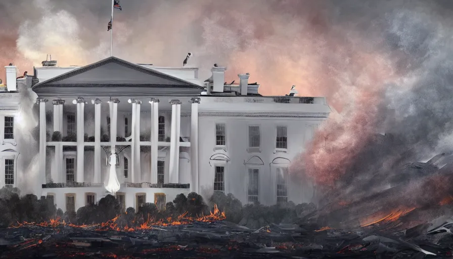 Prompt: Digital painting of the burning White House in destroyed Washington DC, wide view, hyperdetailed, artstation, cgsociety, 8k
