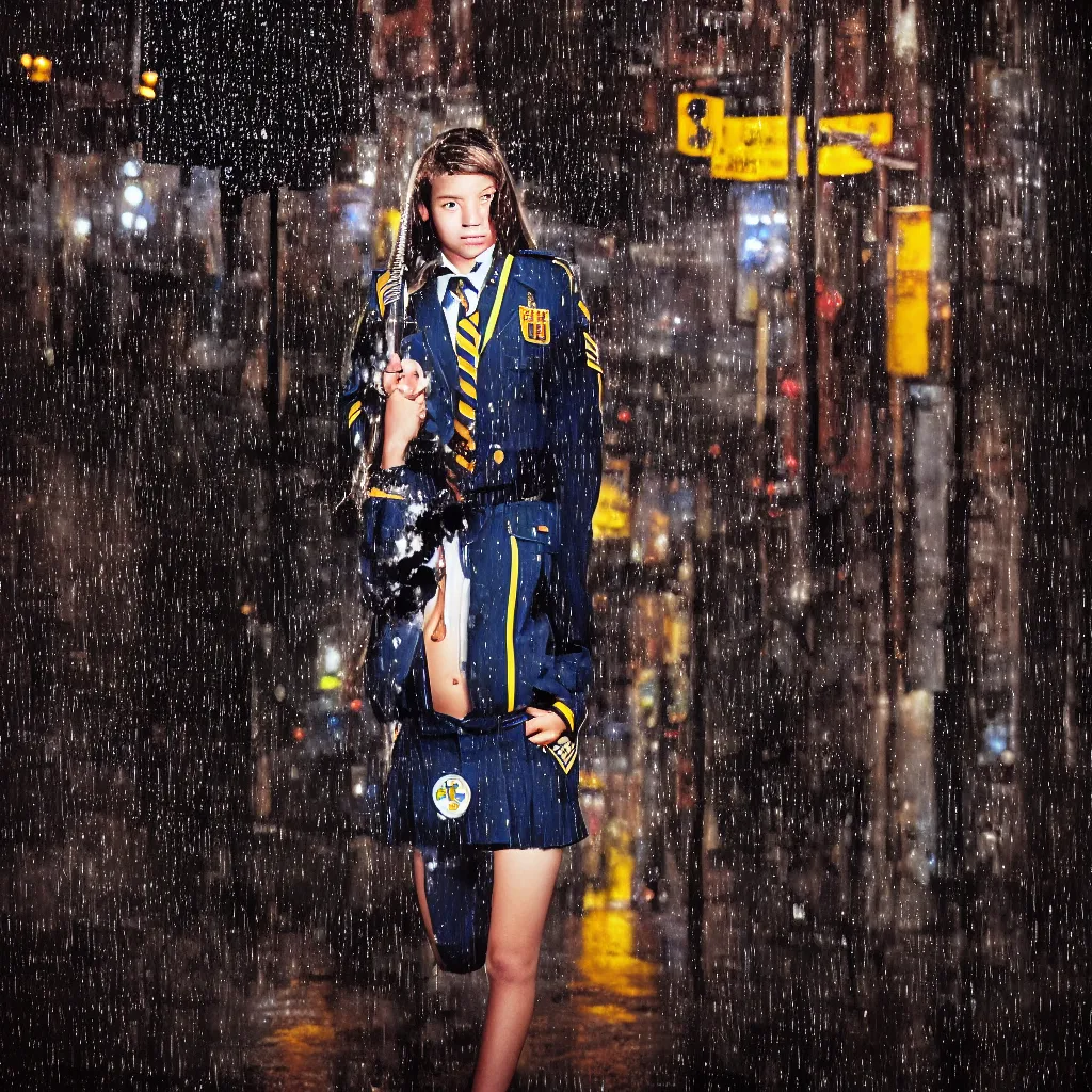 Image similar to night flash portrait photography of a high school girl in uniform on the lower east side by annie leibovitz, colorful, nighttime!, raining!