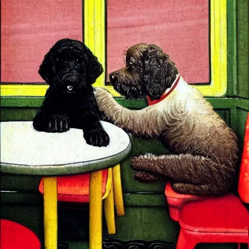 Prompt: Black Goldendoodle with a bright face and a puppy sitting at a diner drinking a cup of coffee, looking melancholy, Norman Rockwell style