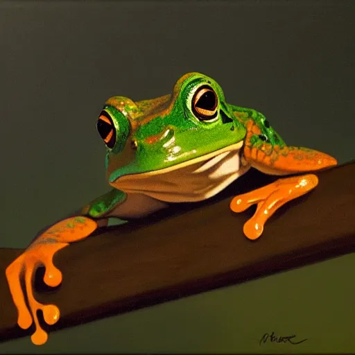 Image similar to frog looking down at his next victems, vivid colors, soft lighting, atmospheric, cinematic, moody, oil on canvas, 8 k