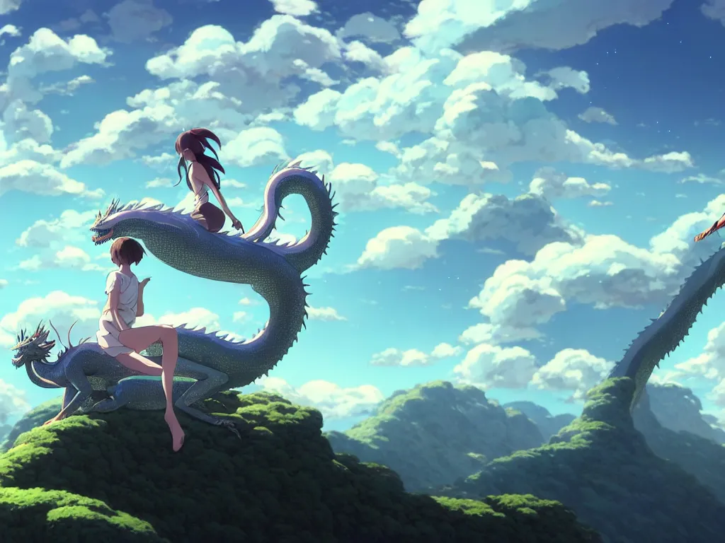 Image similar to a vast scene, panorama distant view, hyper detailed scene render of a beautiful girl sit on a huge silver dragon back, in the white clouds fairyland, animation portrait concept art, style of makoto shinkai, xision, james jean and peter mohrbacher, studio ghibli, artgerm, karol bak, beeple, 4 k hd, animation style