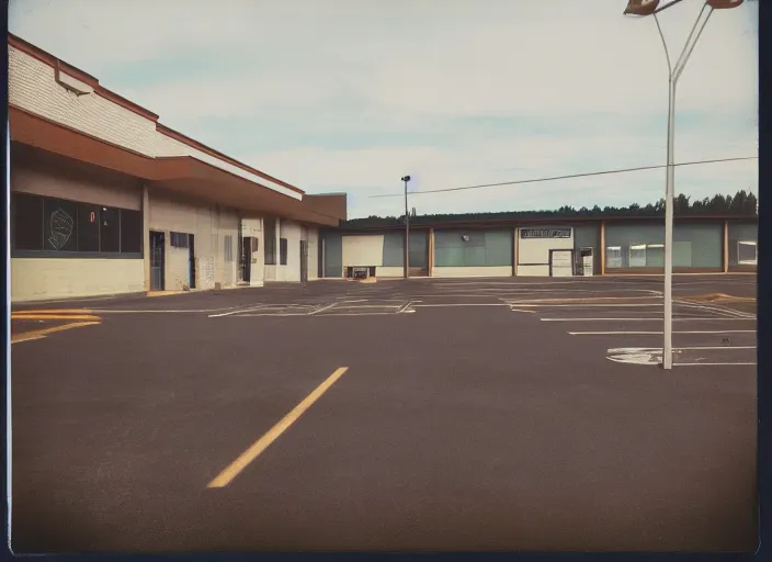 Image similar to polaroid photograph of an empty blockbuster store parking lot, liminal space, familiar place, mannequins, black mold, amateur, unreal engine, photorealistic, trending on artstation