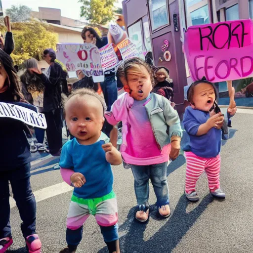 Image similar to babies protesting in front of a daycare center