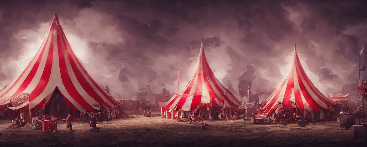 Prompt: red and white circus tent on fire, wide angle, matte painting, concept art, cgsociety, octane render, trending on artstation, artstationHD, artstationHQ, unreal engine, 4k, 8k