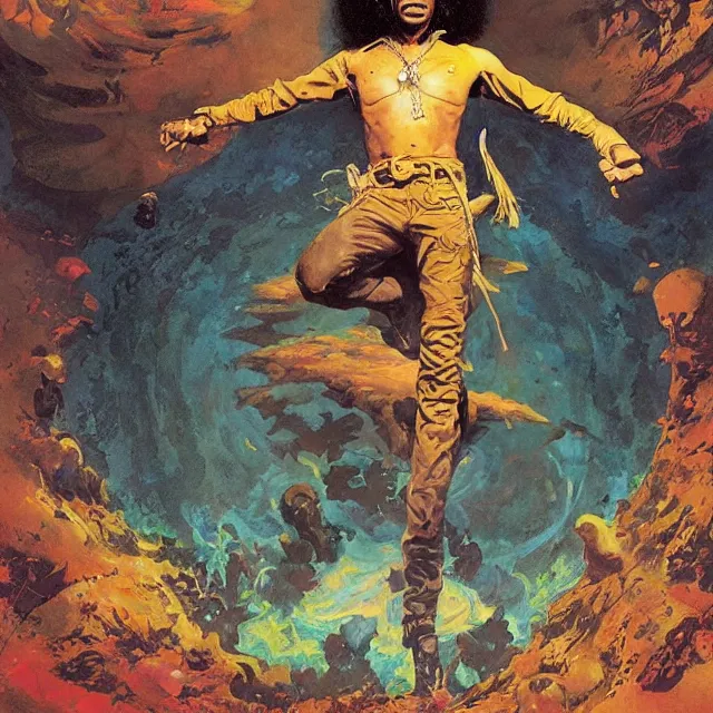 Image similar to jimi hendrix standing in a circle at the beginning of the world by greg rutkowski and frank frazetta and peter mohrbacher and william blake and dan mumford