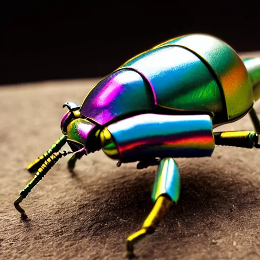 Image similar to iridescent metal robot beetle made out of simple geometric shapes. tilt shift photography. award winning