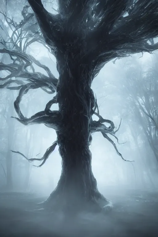 Image similar to plasma body, anime spectral female character, emerge from big old creepy tree, mist aura, black eyes melt, full body portrait, photorealistic, volumetric lighting, octane rendering, dark and mysterious, atmospheric, ominous, creepy, cinematic, real, concept art, Epic, 8k, 4k, ultra detail, ultra realistic, trading art station, rendered by awesomeness