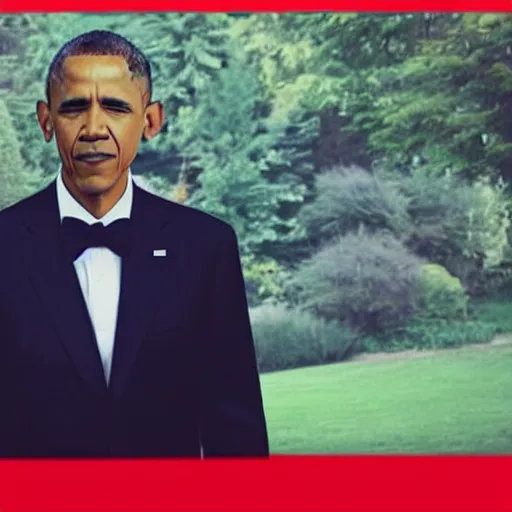 Prompt: realistic photo of obama with red hair wearing a black pullover and a green bow tie, still from riverdale