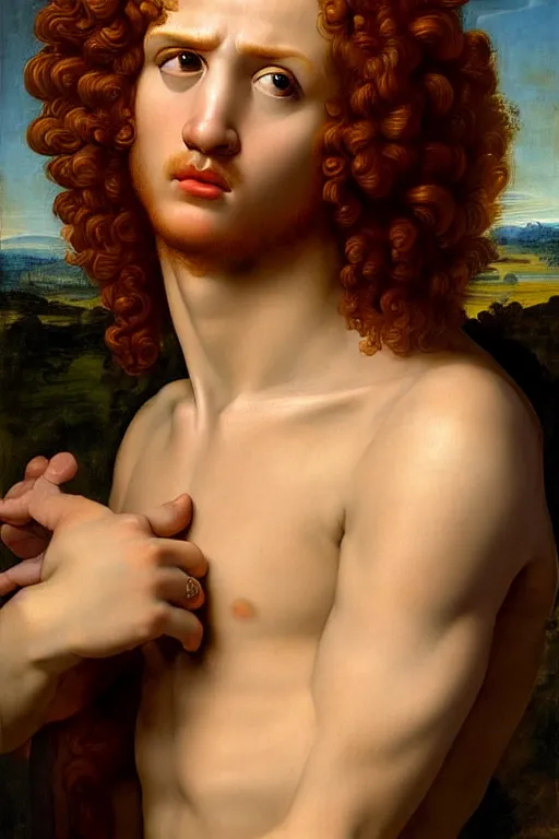 Image similar to renaissance painting of beautiful redhead man, curly hair, pleading face, tears dripping from the eyes, emotions closeup, dressed in roman armour, ultra detailed, made in bronze, art by Guido Reni style, Vincenzo Catena style