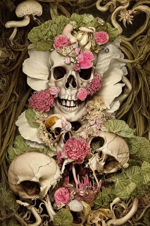 Prompt: a beautiful detailed rococo of a rotten woman corpse becoming almost a skull with face muscles, veins, arteries, fractal plants and fractal flowers and mushrooms growing around, intricate, ornate, surreal, ray caesar, john constable, guy denning, dan hillier