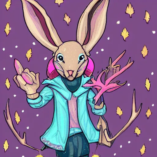 Image similar to pink jackalope mage, dnd, colorful, autumn, detailed, magic, fantasy, bunny, antlers, cute, cool, guy