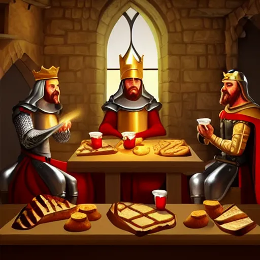 Prompt: medieval toast with king, queen and guests, artstation, fantasy