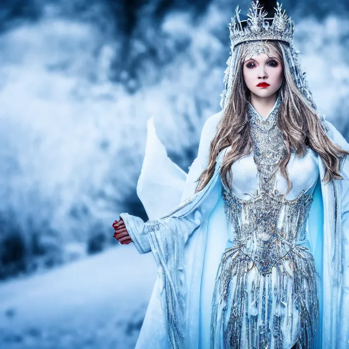 Image similar to full length photo of a very beautiful!! ice queen with ornate robes, highly detailed, 4 k, hdr, smooth, sharp focus, high resolution, award - winning photo