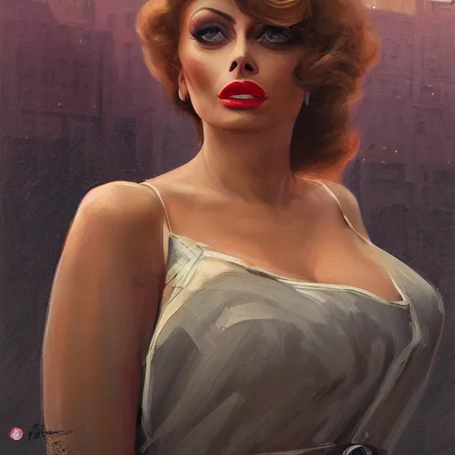 Image similar to closeup portrait of a young sophia loren as a 1 9 2 0 s femme fatale, city background, megacity, high fantasy, dramatic light, gorgeous view, depth, high detail, digital art, painted by greg rutkowski, trending on artstation