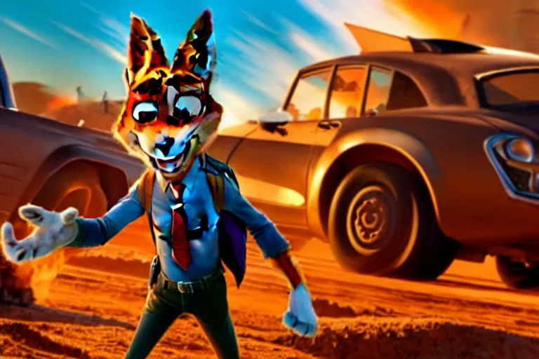 Image similar to nick wilde ( from zootopia ), heavily armed and armored facing down armageddon in a dark and gritty reboot from the makers of mad max : fury road