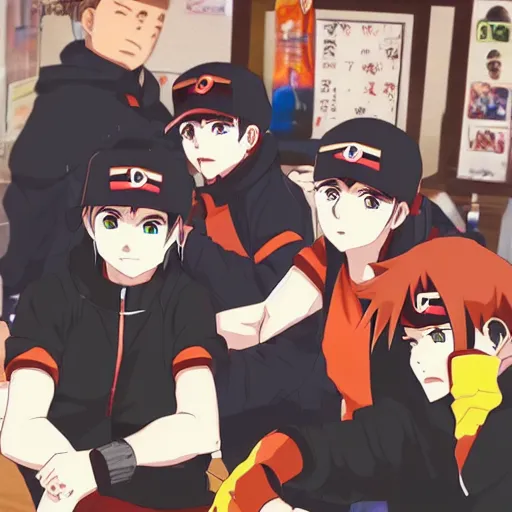 Image similar to a group of guys, named lampova hanging out in pub in the style of the anime naruto