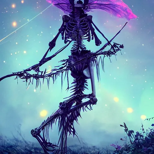 Prompt: the skeleton of a fairy ribbon dancing on a spikey vine, the ribbon is colored like a nebula, ultra realistic, concept art, intricate details, highly detailed, photorealistic, octane render, 8 k, art by greg rutkowski