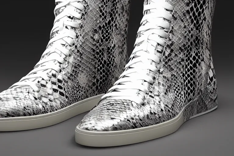 Image similar to one snakeskin hightop sneaker with neon illuminated soles on a white surface, clean 3 d render, beautiful studio lighting, soft, sharp focus, cyberpunk, intricate detail, gold filigree, art by iris van herpen and syd mead