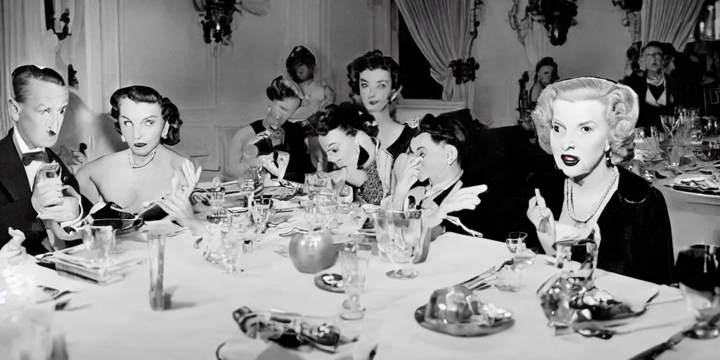 Prompt: detailed sharp photograph in the style of popular science circa 1 9 5 5 and gregory crewdson of a 1 9 5 0 s of an elderly woman wearing a mink stole and pearls with a white bouffant hairdo sitting at a banquet table. 7 5 mm lens