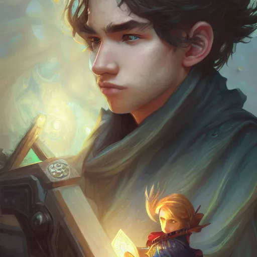 Image similar to photography of teenage boy, deep focus, d & d, fantasy, intricate, elegant, highly detailed, digital painting, artstation, concept art, matte, sharp focus, illustration, hearthstone, art by artgerm and greg rutkowski and alphonse mucha