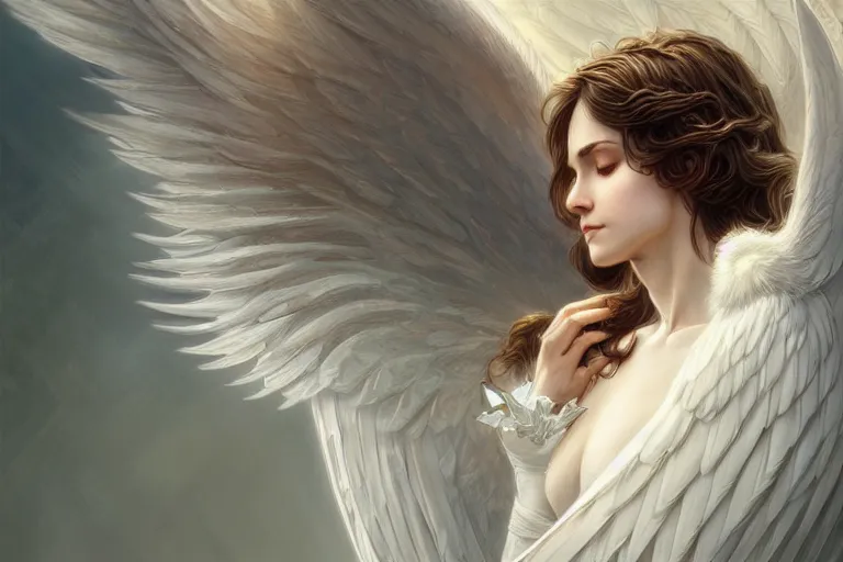 Image similar to a white angel with feathered wings open, D&D, fantasy, intricate, elegant, highly detailed, digital painting, artstation, concept art, matte, sharp focus, illustration, art by Artgerm and Greg Rutkowski and Alphonse Mucha, 4k