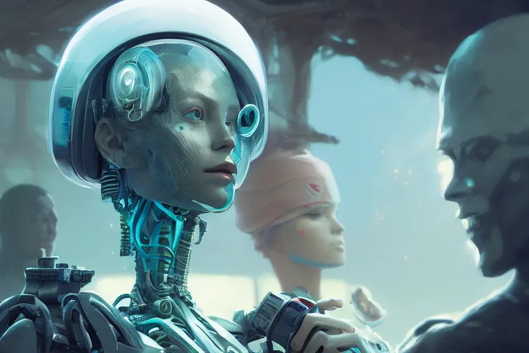 Image similar to highly detailed surreal vfx portrait of a robot android, stephen bliss, unreal engine, greg rutkowski, loish, rhads, beeple, makoto shinkai and lois van baarle, ilya kuvshinov, rossdraws, tom bagshaw, global illumination, detailed and intricate environment