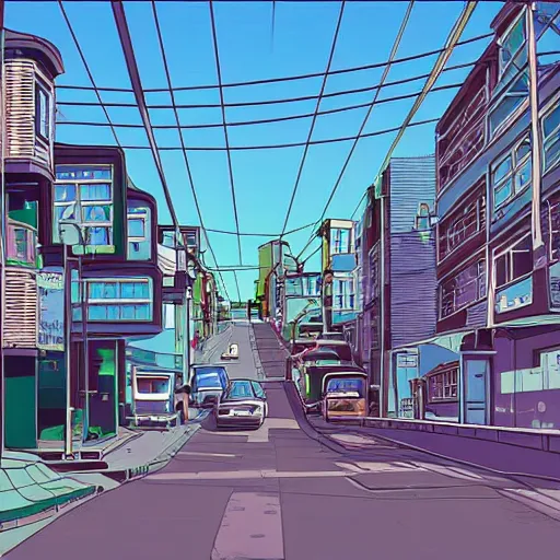 Image similar to city street, sloped street, city on tall hillside, street scene, aquamarine shading panels above street, cel - shading, 2 0 0 1 anime, flcl, jet set radio future, golden hour, japanese town, concentrated buildings, japanese neighborhood, electrical wires, cel - shaded, strong shadows, vivid hues, y 2 k aesthetic