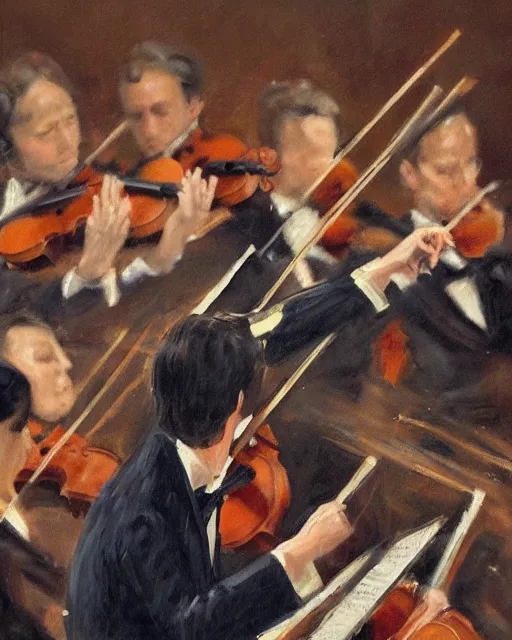 Prompt: an ultra detailed oil painting of a long shot portrait of an orchestra conductor on the rostrum, symphony ensemble, baton in motion, motion blur, triadic color scheme, theatre lighting, focus on wand