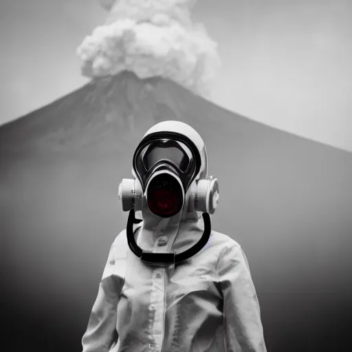 Image similar to woman with white suit, she wear red eyed gasmask, in volcano, standing close to volcano, fire raining, professional photography, black and white, cinematic, eerie