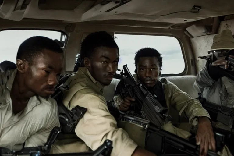 Image similar to movie diverse interracial team of Japanese robbers armed with rifles interior clean futuristic tactical van, beautiful skin, Symmetrical faces. natural lighting by Emmanuel Lubezki