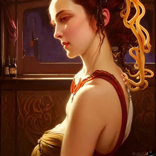 Image similar to an attractive young woman who has tentacles instead of arms, working at an old west saloon, fantasy, intricate, elegant, highly detailed, digital painting, artstation, concept art, matte, sharp focus, illustration, art by artgerm and greg rutkowski and alphonse mucha