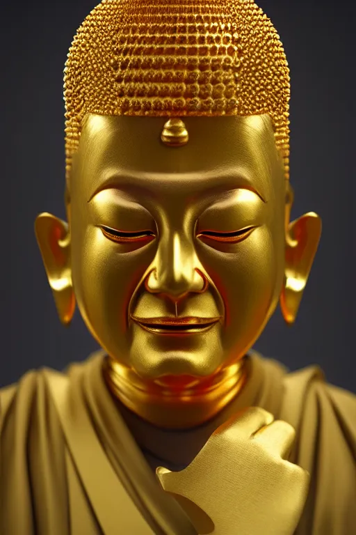 Prompt: buddhist monk with gold coated face by stanley kubrick and tooth wu and wlop and beeple