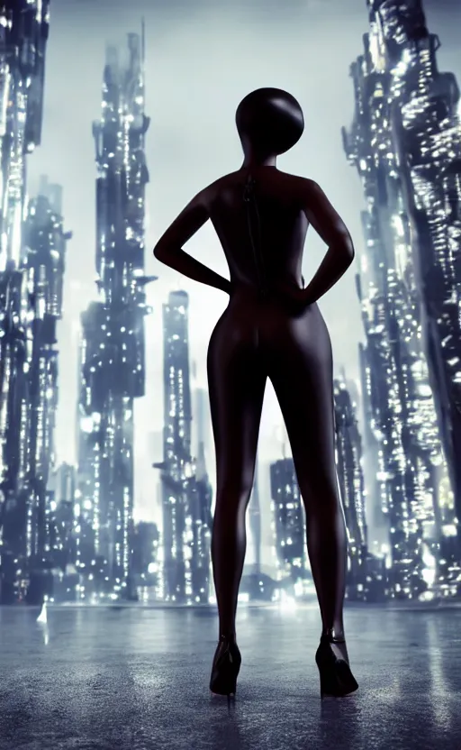 Image similar to an elegant Black woman in dress and heels, her back is to us, looking at a futuristic Blade Runner city, 8K