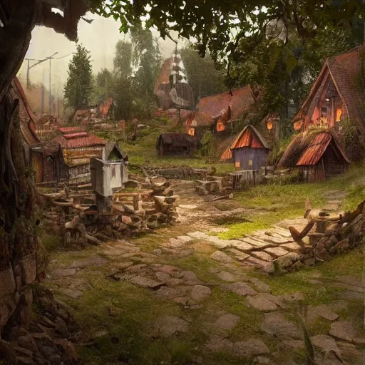 Prompt: wooden village from midsommar, slavic vibes, temples, greg rutkowski