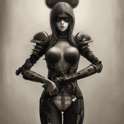 Image similar to By Tom Bagshaw, ultra realist soft painting of an attractive cyrvy cyberpunk anime female fully body armored, with thin lustrous long hair floating, photorealistic eyes render, looking at camera, curiosities carnival, symmetry accurate features, very intricate details, focus, dark fantasy background black and white