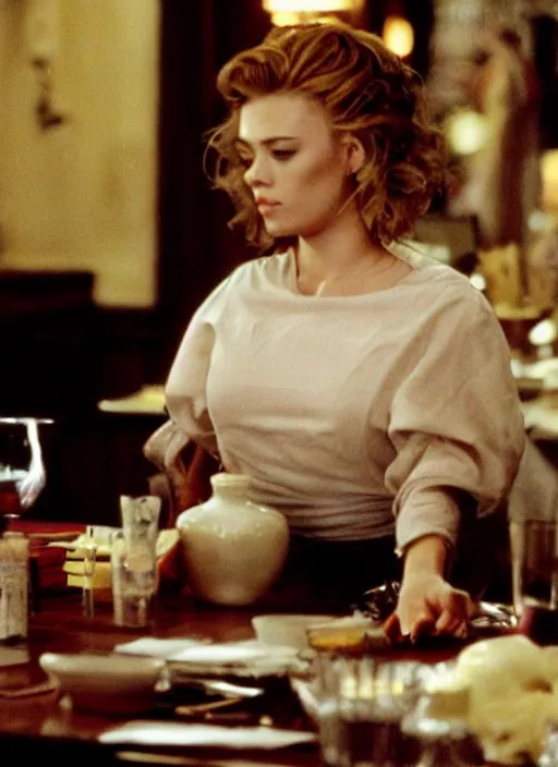 Prompt: movie still of a scarlett johannson with a very big bust sitting at a table in goodfellas, directed by martin scorsese