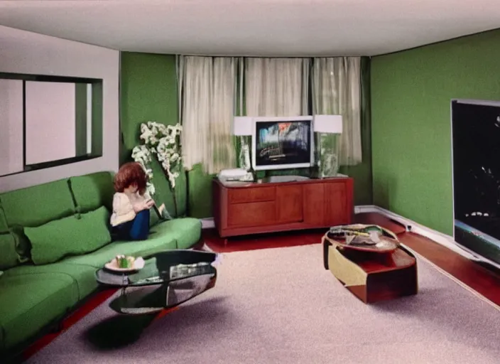 Image similar to 1 9 8 0 s living room with green carpet and a zenith television with atari 2 6 0 0, movie still, 8 k