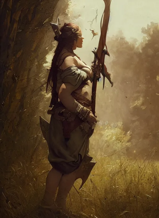 Prompt: hyper realistic photo of medieval chubby beautiful hunter girl, full body, rule of thirds, conceptart, cinematic, greg rutkowski, brom, james gurney, mignola, craig mullins